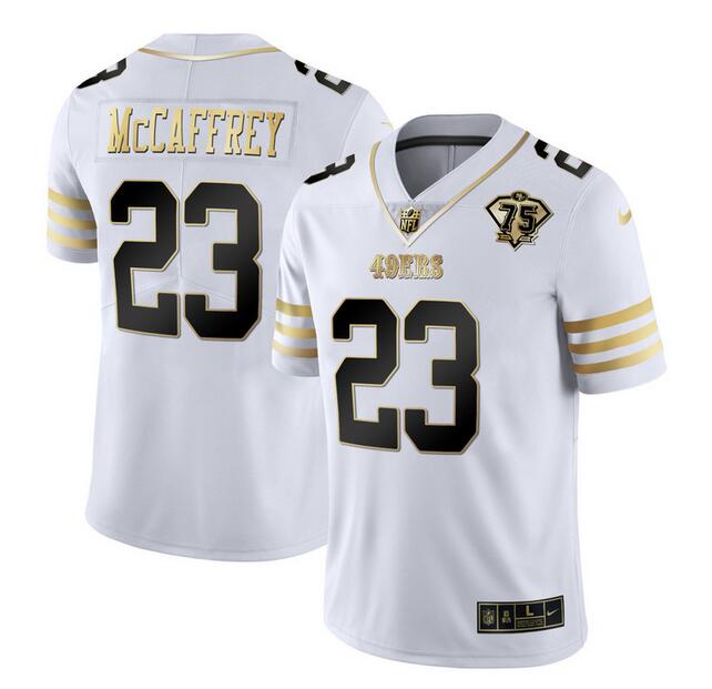 Men's San Francisco 49ers #23 Christian McCaffrey White Gold With 75th Patch Stitched Jersey Men's San Francisco 49ers #23 Christian McCaffrey White Gold With 75th Patch Stitched Jersey
